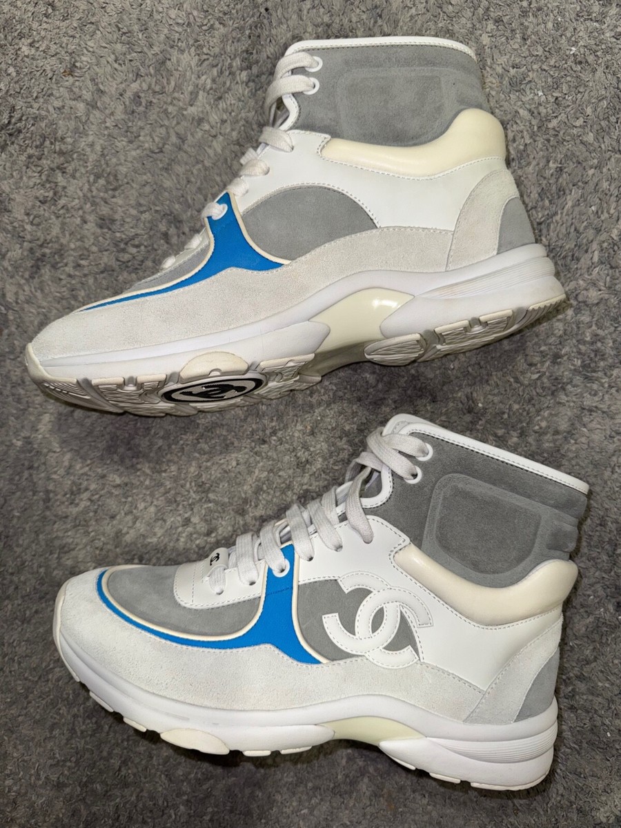 Chanel 18P Blue White Grey CC Logo Lace Up Tie Flat Trainer High