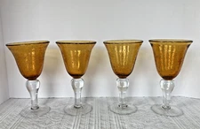 Set of 4 Artland Iris Amber Hand Blown Bubble Glass Water/Wine Goblets MINT