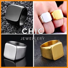 MENS WOMENS CHUNKY SQUARE FLAT TOP BIKER STYLE ENGRAVABLE WEDDING STATEMENT RING