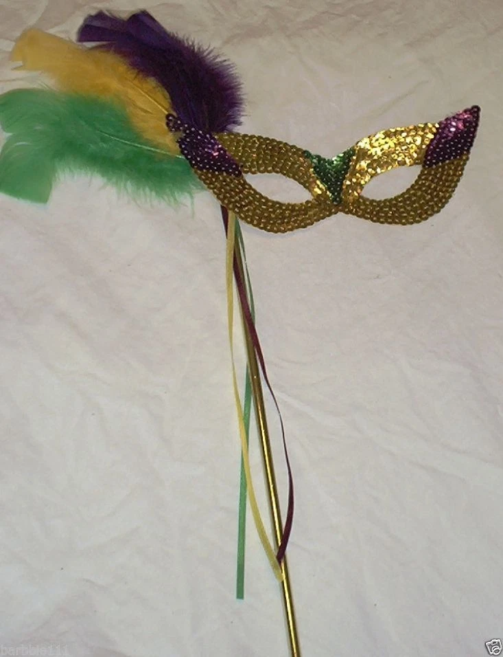 Sequin Gold Feather Mask and Stick Mardi Gras Masquerade Party - Image 3 of 4