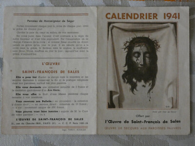 Pious image calendar 1941 work st francois de sales, tardy