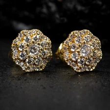 Iced 5A CZ Yellow Gold Sterling Silver Flower Cluster Hip Hop Stud Earrings