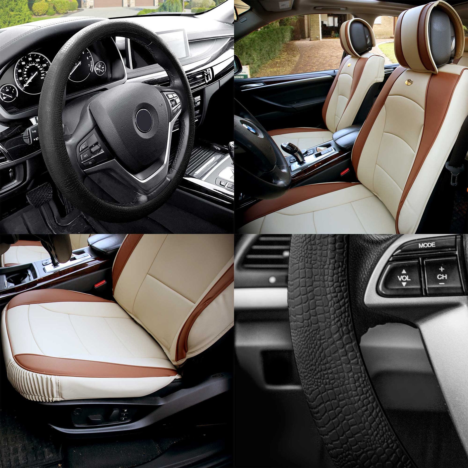 Car Seat Cover Leatherette Buckets Beige Tan w/ Black Steering Cover For SUV
