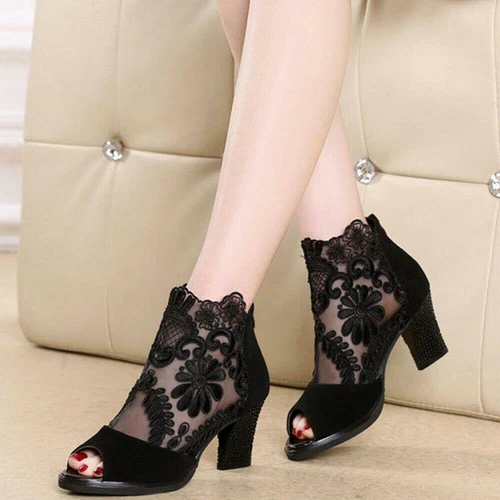 Womens Breathable Lace Ankle Boots Peep Toe Mid Block Heels Sandals Roman Shoes - Picture 6 of 19