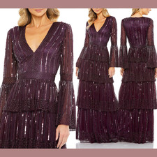 NWT Mac Duggal [ 16 ] 5442 Embellished Bell Sleeves Tiered Gown Blackberry #J235