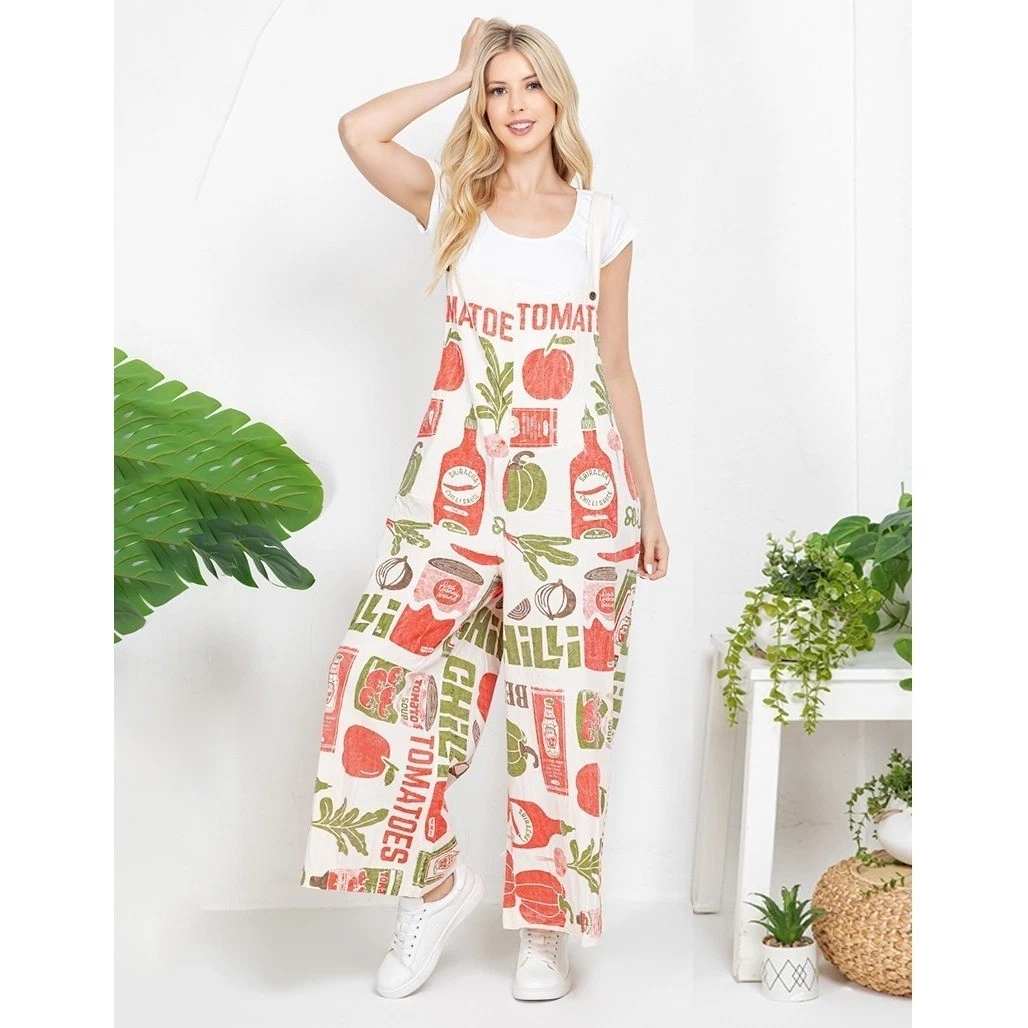 New Flour Sack Jumpsuit Overall Sz M/L Tomato Sriracha Cream Wide Leg Bib Cotton