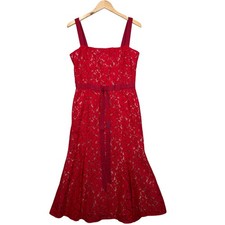 Oscar De La Renta Dress 8 Red Fluted Corded Lace Midi Silk Lined Italian NWT!