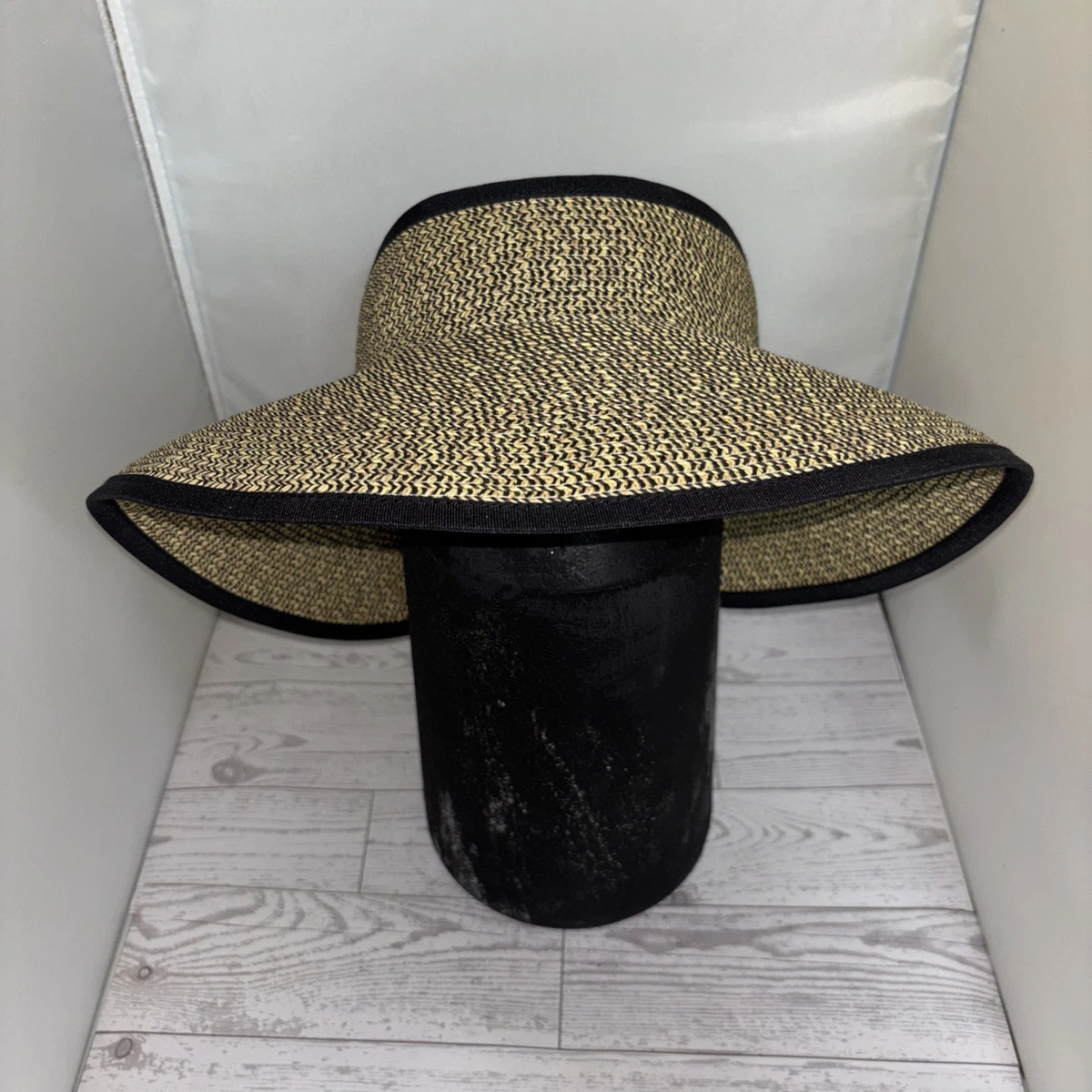 Anthropologie Mallory Straw‎ Visor Hat Black Faux Leather Trim Adjustable NWT Straw Adjustable Size Visor Hats for Women for sale | eBay main image 4