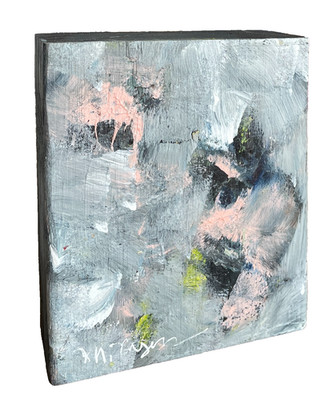 Mary Myers Original Art Block Gray Abstract with Pink Forms Reclaimed Wood