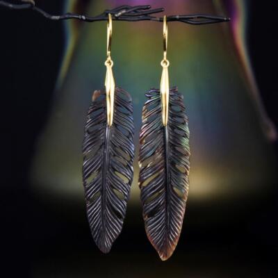 Black Crow Feather Earrings Carved Shell Gold Vermeil on Sterling Silver 