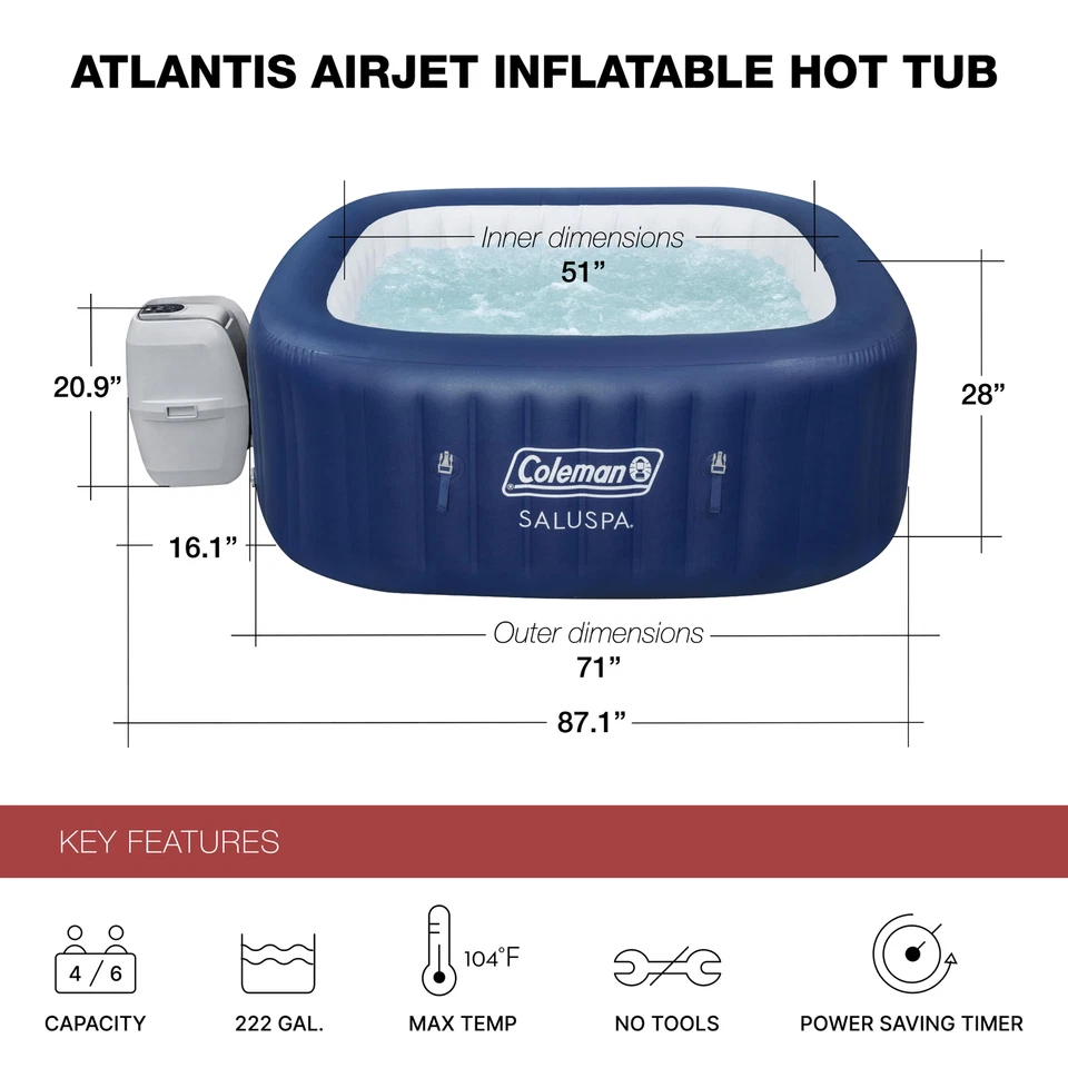 Coleman SaluSpa 4 Person Square Portable Inflatable Hot Tub Spa, Blue (Open Box) - Image 3 of 4