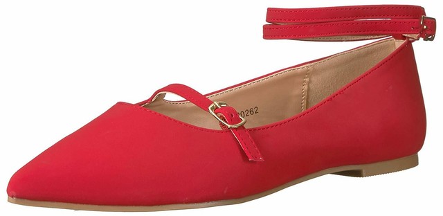 red ballet flats with ankle strap