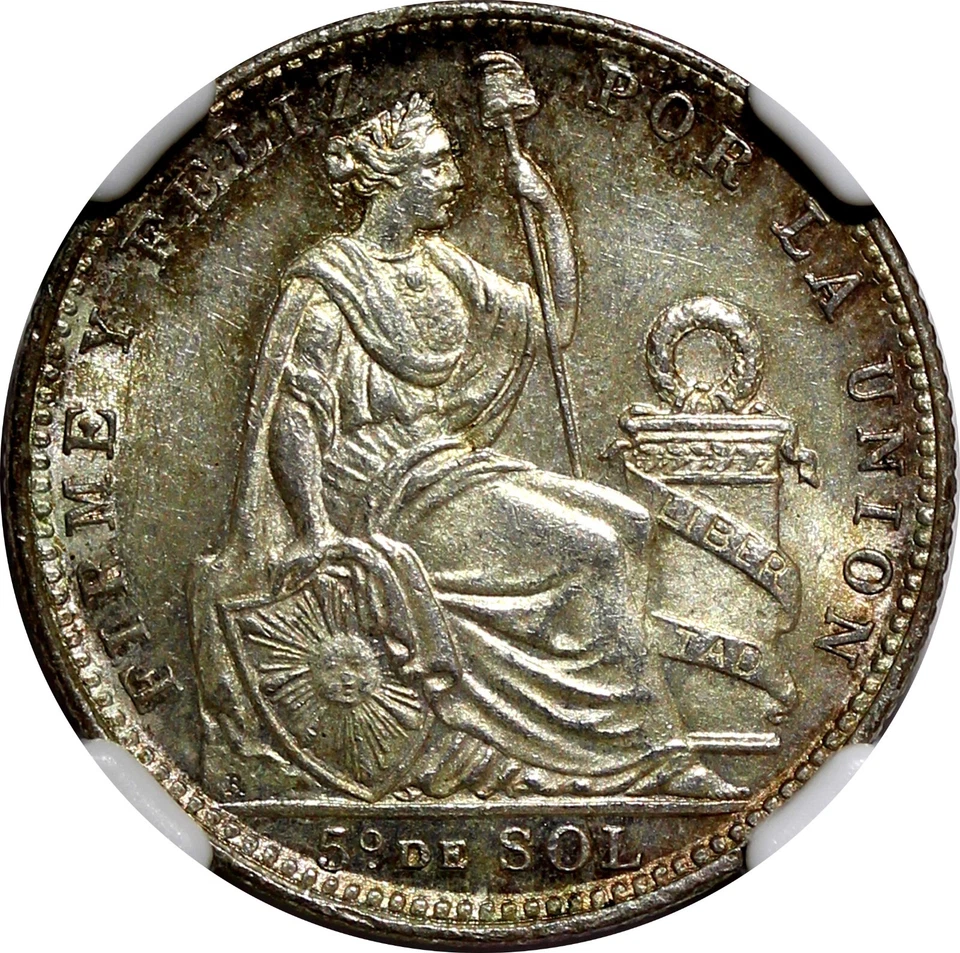 PERU Silver 1912 FG R 1/5 Sol NGC MS63 Mintage-300,000 Nice Toned KM# 205.2 (4) - Image 4 of 4
