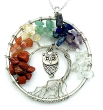 Silver Tone Multi Gemstone Wire Wrapped Tree Of Life Owl Necklace