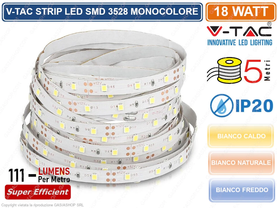 V-TAC STRISCIA LED 3528 MONOCOLORE 60LED/METRO BOBINA DA 5 METRI 2016 2041 2005 - Immagine 4 di 4