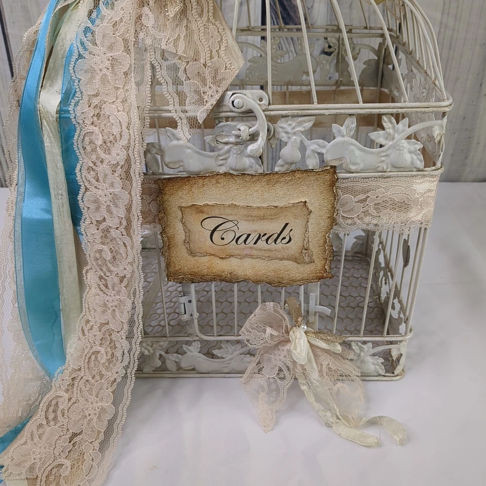 Tarjeta de boda de metal jaula para pájaros utilería redonda abovedada cinta de encaje floral con gancho de colección Foto 2 de 4