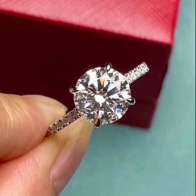 Moissanite Solitaire Engagement Round Cut Women's Ring in 14k White Gold Plated