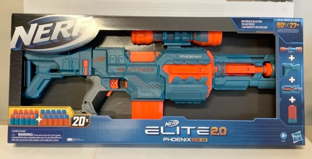 Nerf Elite 2.0 Phoenix CS-10 with 20 Darts, Motorized, Removable Stock,  Barrell