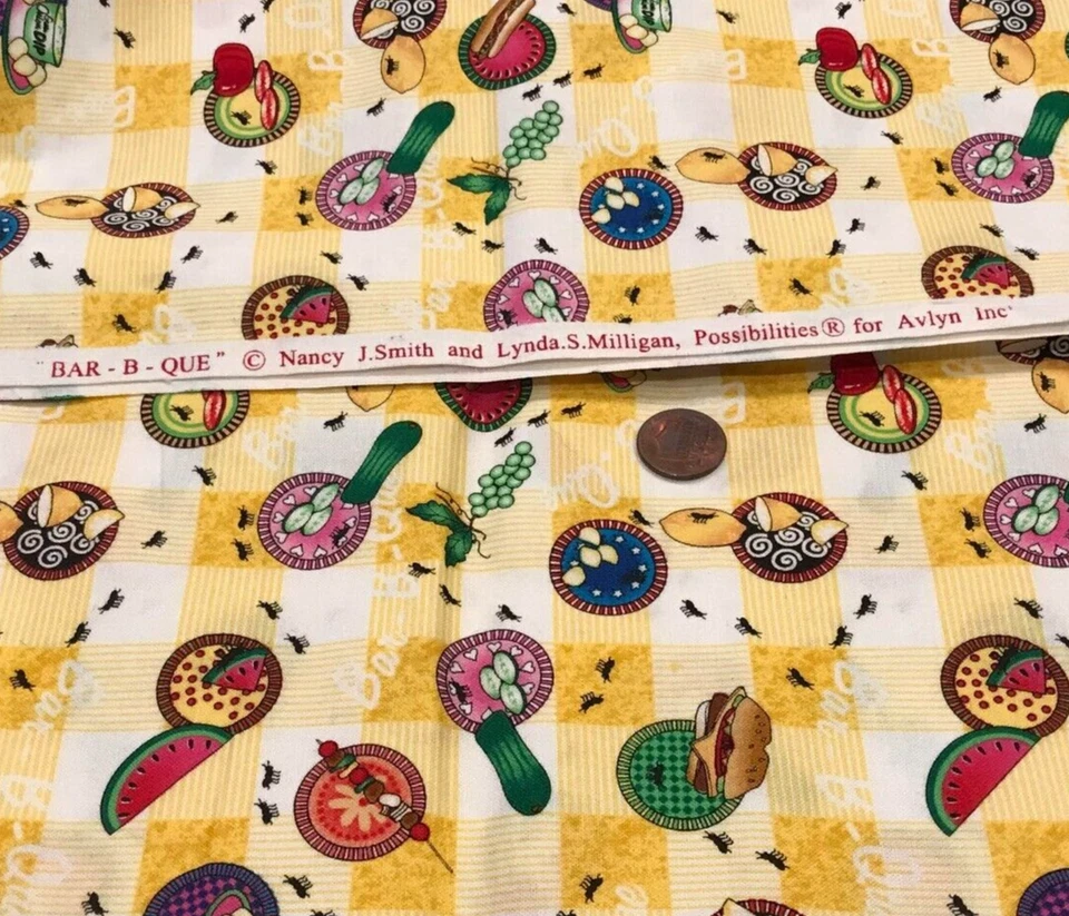 Picnic*Plates*Food & Ants*Yellow &White Checkered Cloth*Avlyn*100% Cotton*21"x8" - Image 4 of 4