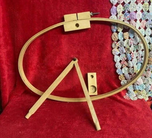 Vtg Wooden Quilting Hoop In Original Box & Partial Stand w Old XL Patterns