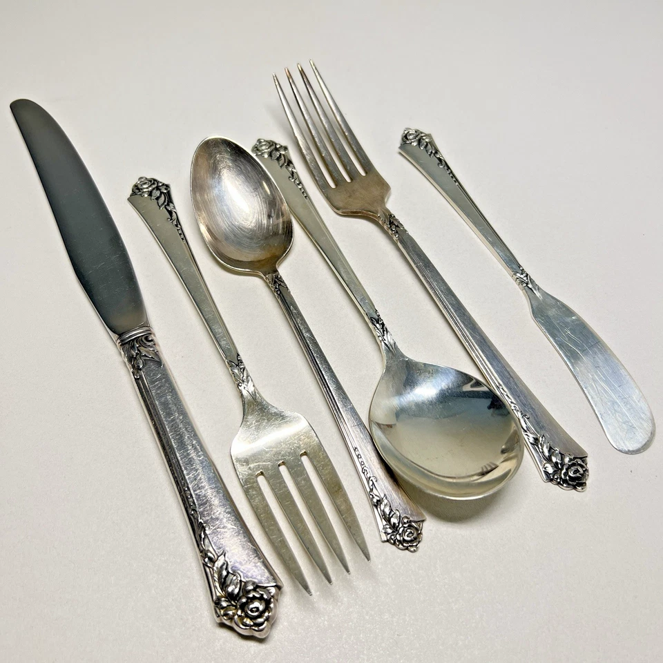 Reliquia de plata esterlina rosa damasco 6 piezas ajuste de lugar Oneida 8,6 oz 1946- Foto 3 de 4