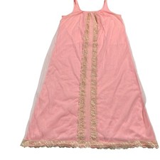 Vintage Pink Peignoir Nightgown M 1960s 1970s Lace Trim Sheer Overlay Nylon