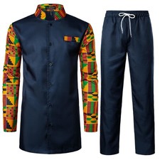 Men's 2 Piece Long Sleeve Dashiki Outfit Set - Traditional Ethnic Shirt  Pants