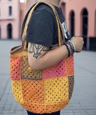 Tote Shoulder Bag Granny Square Handmade Crochet Market Bag Fully Lined 14 x14