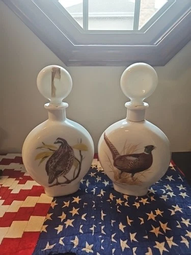 2 Jim Beam Decanters Field Birds Milk Glass Vtg EMPTY Bobwhite & Ringnecked
