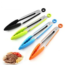 Silicone Kitchen Cooking Tongs BBQ Salad Serving Stainless Steel Handle Utensil.