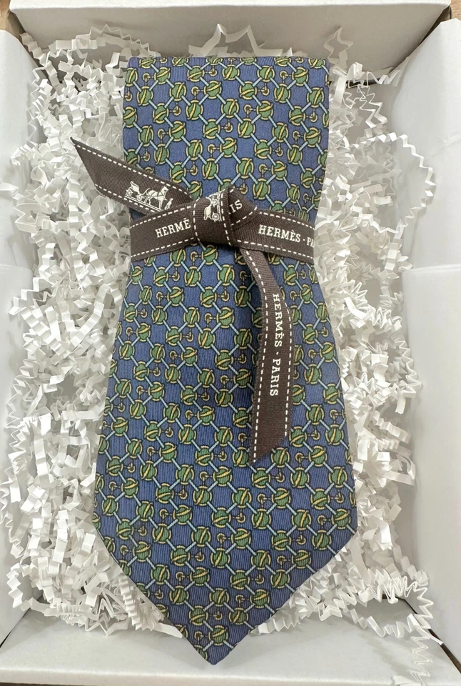 Auténtica corbata HERMES Paris para hombre 100 % seda azul verde caballo ecuestre 7238 EA Foto 2 de 4