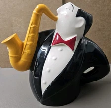 Vintage Clay Art Jazz Series 1990 Saxophone Player Teapot Tuxedo Yellow Sax READ
