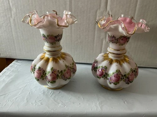 6 1/4" Fenton Charleton Peach Crest Melon Vase Hand Painted Roses & Gold