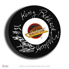 John Garrett & King Richard Brodeur Vancouver Canucks Signed Puck