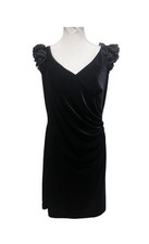 Eliza J Black Velvet Dress Sz 12 Flutter Sleeves 100% Silk Lining Ruched Side 