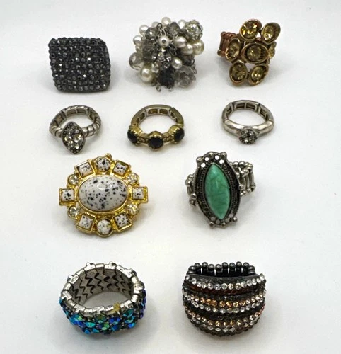Lot of 10 Multicolor Crystal & Faux Pearl Cocktail/Band Cluster Rings Size 9.5 - product listing photo