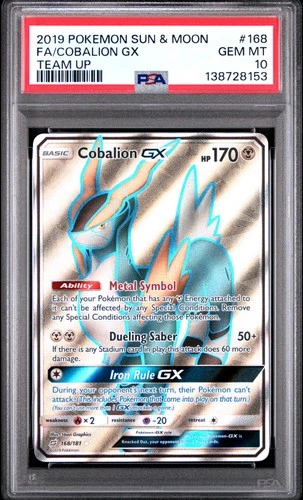 2019 POKEMON SUN & MOON TEAM UP #168 FULL ART/COBALION GX PSA 10
