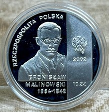 POLAND 2002 10 Złotych Bronisław Malinowski 925 Silver 14.14 g Coin