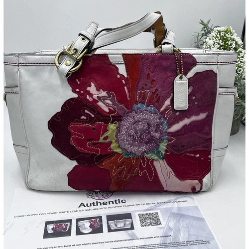 Borsa Coach 9244 edizione limitata Poppy Peace Gallery bianca con applicazioni floreali in pelle COA