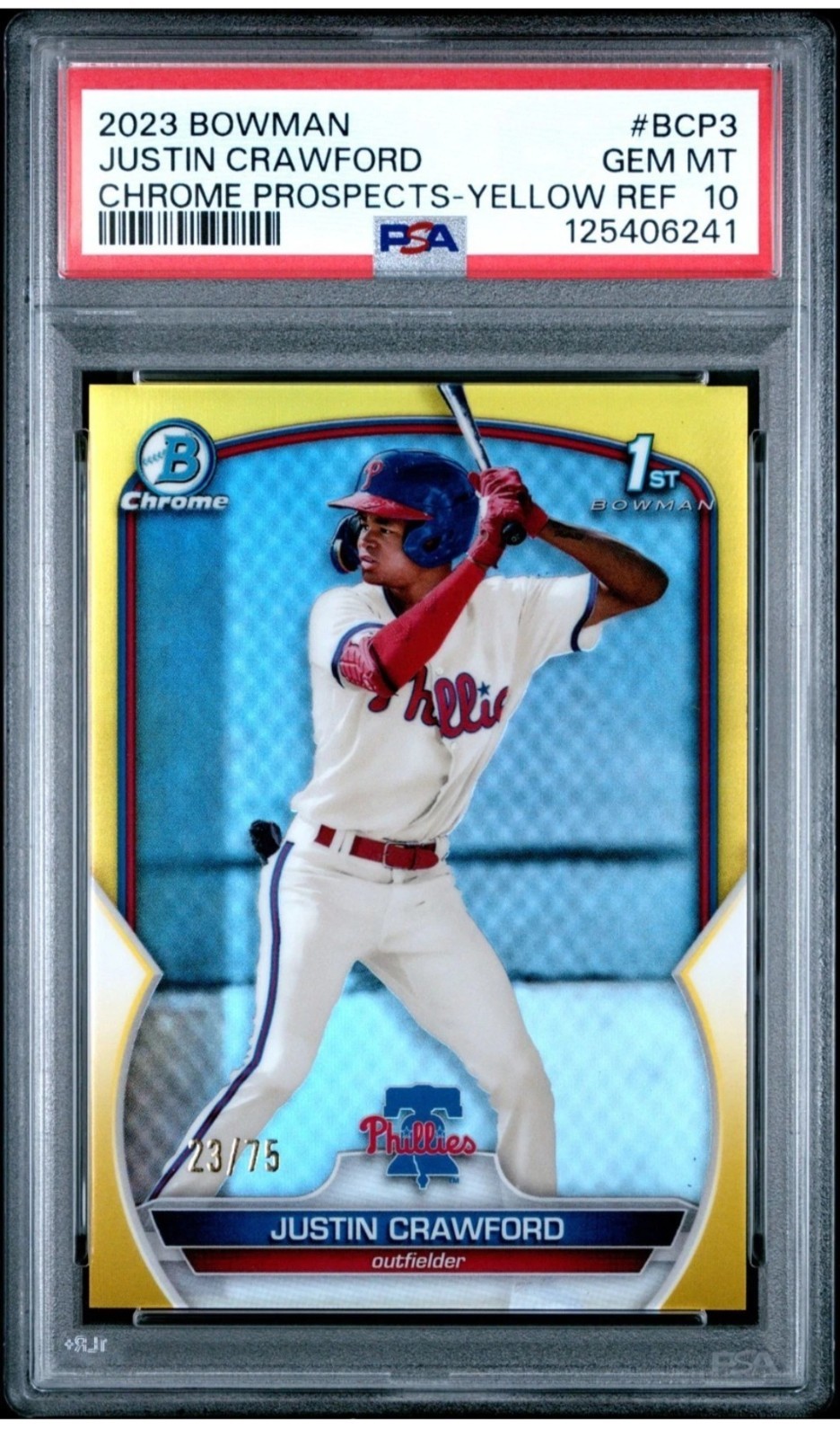 2023 Bowman Chrome Justin Crawford Yellow Refractor /75 #BCP3 PSA 10 GEM MINT