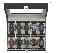 SONGMICS 10-Slot Watch Storage Box Case Large Glass Lid Synthetic Leather