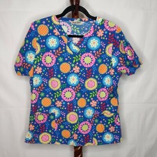 Comfy Cotton women's M scrub top multicolor floral v-neck short sleeves pockets