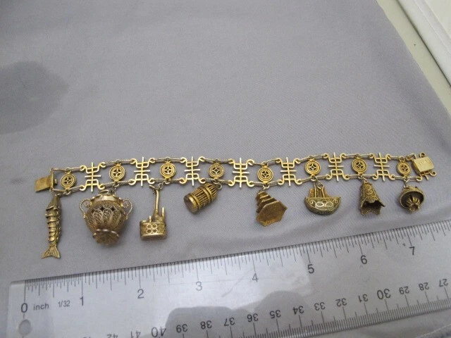 PULSERA CON DIJES DE ESLABONES DE PLATA DORADA CHINA VINTAGE - 10 dijes de filigrana - IMPORTACIÓN FRANCESA Foto 2 de 4