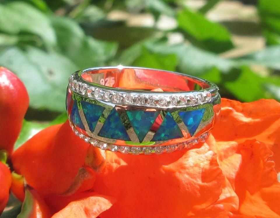 Ring Sterling Silber 925 Dreiecke aus Opal Feueropal blau u Zirkonia - Bild 3 von 4