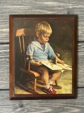 Vtg 1970's Wooden Picture Plaque Boy Nursery Child Decor 5.75” x 4.75”