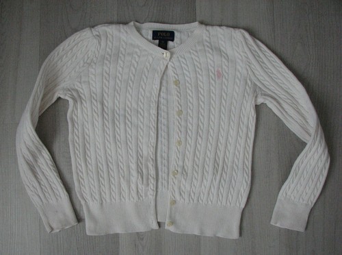 Ralph Lauren girls white cable knit cardigan sweater SIZE 6 pink Logo