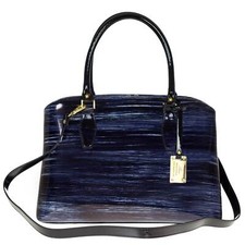 Aura Italian Made Dark Navy Blue Stripe Patent Leather Tote Handbag