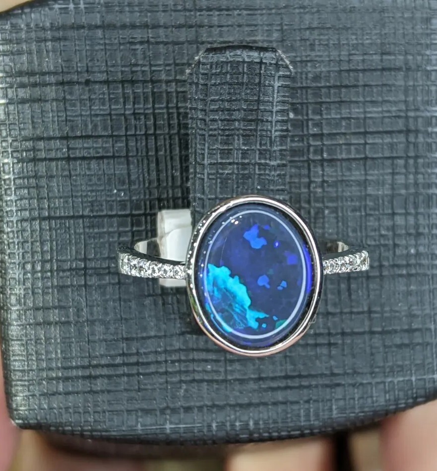 Black opal sterling silver handmade ring opal green blue red fire oval opal ring