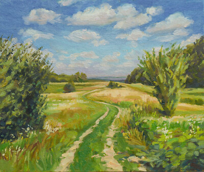 Original oil painting Summer landscape painting Field road Wildflower Painting