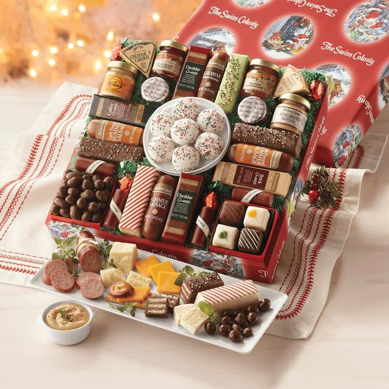 Holiday Christmas Basket 27 Favorites Food Gift Box Assorted Cheeses, Chocolates
